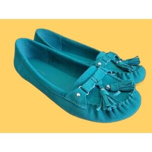 Nine West Vampgd Moccasin Flats 8M Teal Suede Leather Tassel Driving Loafers